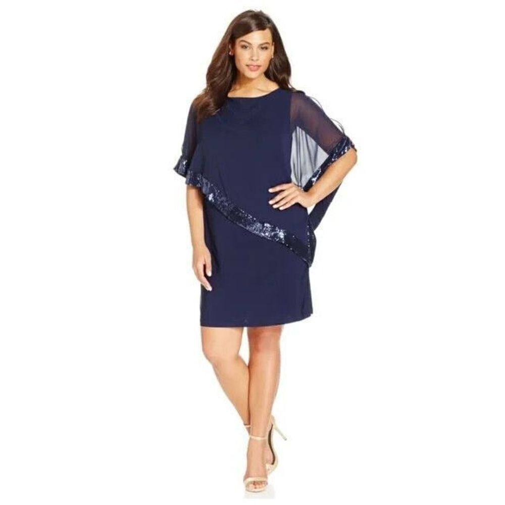 Xscape Capelet Midi Dress Navy Blue Sequin Trim Sheath Stretch Sheer Cape 22W